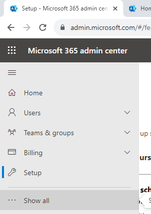 Show all các thiết lập trong Microsoft 365 Center