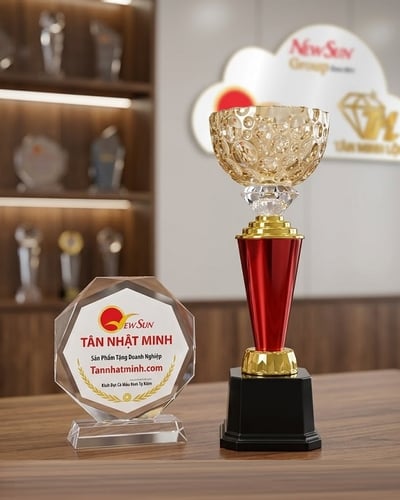 Cúp thể thao Trụ đỏ thân nhựa đầu Pha lê đẹp
