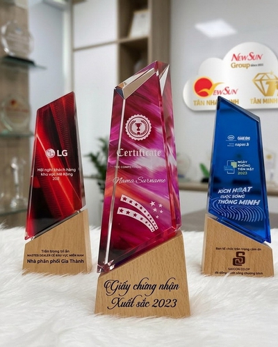 Cúp vinh danh thân pha lê đế gỗ vát SIÊU ĐẸP 