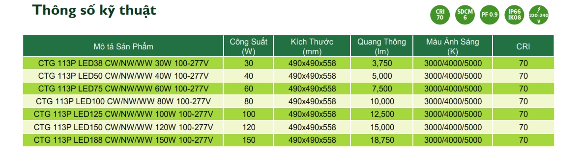 Thông số kỹ thuật của Đèn LED chiếu sáng đường phố cảnh quan sân vườn The Citylight CTG 113P 30W Thông số kỹ thuật của Đèn LED chiếu sáng đường phố cảnh quan sân vườn The Citylight CTG 113P 30W
