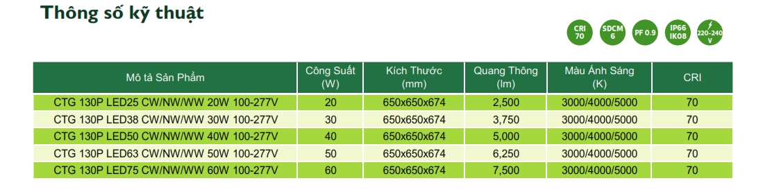 Thông số kỹ thuật Đèn LED chiếu sáng đường phố cảnh quan sân vườn The Citylight CTG 130P 20W Thông số kỹ thuật Đèn LED chiếu sáng đường phố cảnh quan sân vườn The Citylight CTG 130P 20W