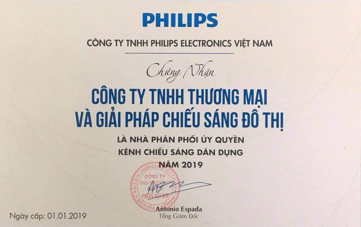 Giấy chứng nhận nhà phân phối chính thức đèn Philips