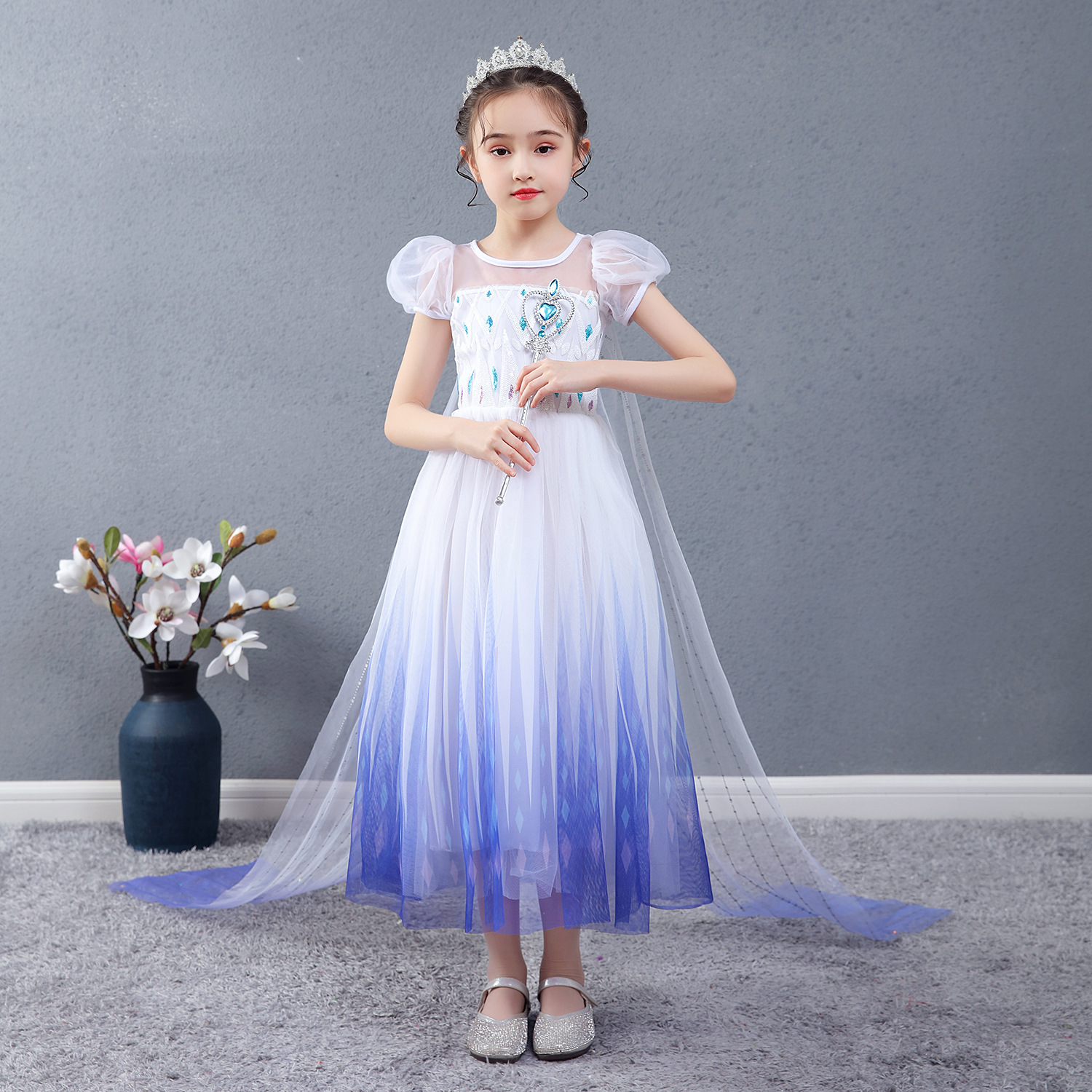 Váy công chúa cho bé gái, Váy Frozen Elsa với Vương miện Elsa Bộ vòng cổ  Magic Wand, Váy lạ mắt Trang phục công chúa Elsa cho bé gái Đám cưới Cosplay