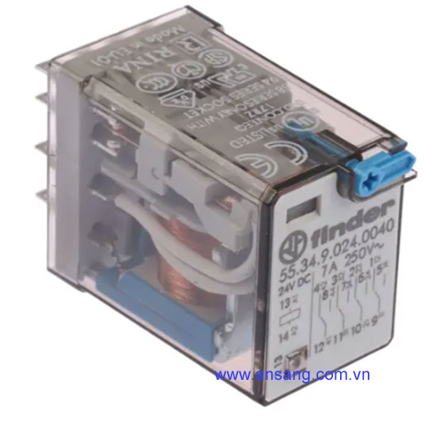 Finder, 24V dc Coil Non-Latching Relay 4PDT, 7A Switching Current Plug In, 4 Pole, 55.34.9.024.0040