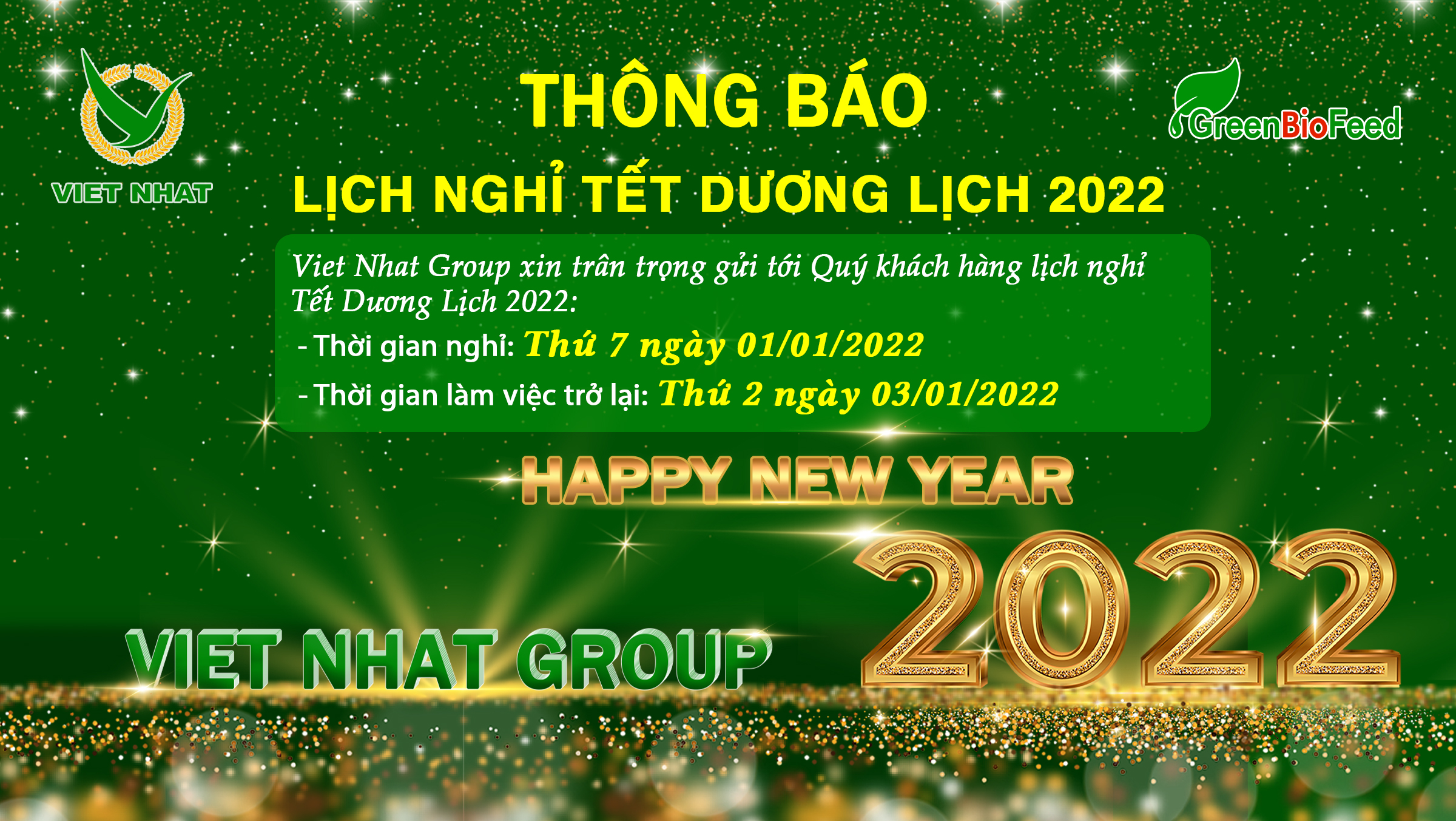 Viet Nhat Group - Thương Hiệu Greenbiofeed Thông Báo Lịch Nghỉ Tết Dương Lịch 2022