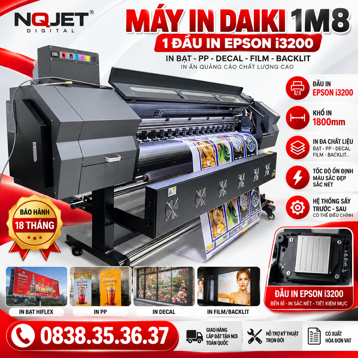Máy in Daiki 1802 khổ 1m8 1 đầu in Epson i3200 chạy mực dầu – In bạt, decal sắc nét Máy in Daiki 1802 khổ 1m8 1 đầu in Epson i3200 chạy mực dầu – In bạt, decal sắc nét