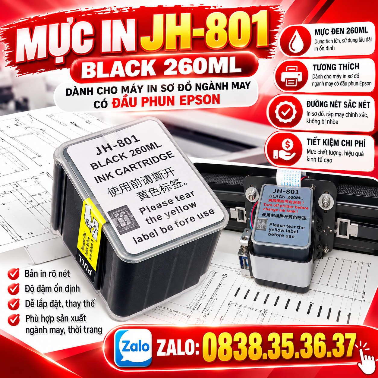 Mực In Sơ Đồ JH-801 Black 260ml Chính Hãng - Mực in sơ đồ khổ 1m8 -2m2 Mực In Sơ Đồ JH-801 Black 260ml Chính Hãng - Mực in sơ đồ khổ 1m8 -2m2