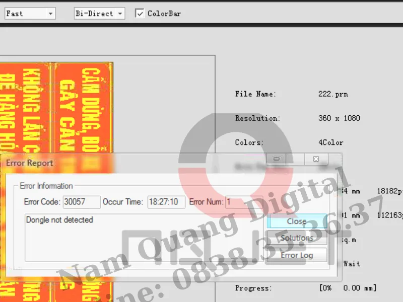Máy in bạt hifilex báo lỗi error code 30057 dongle not detected