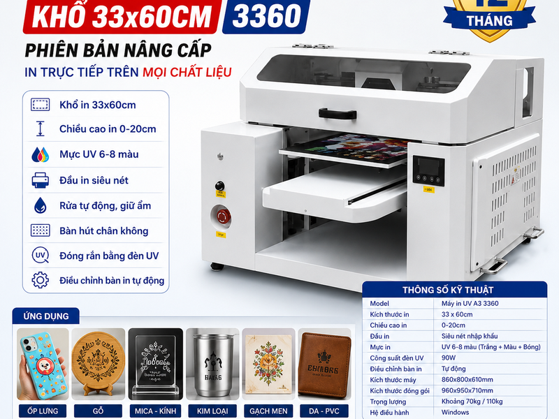 Máy In UV A3 3360 Giá Rẻ - Khổ In 33×60cm, Bảo Hành 12 Tháng