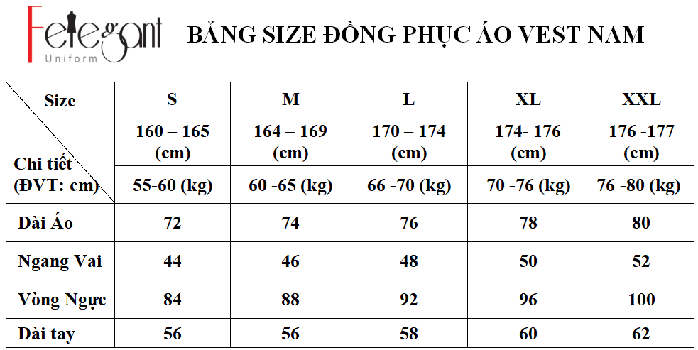 Bảng size may đồng phục áo vest nam nữ tại Đồng Phục Felegant Bảng size may đồng phục áo vest nam nữ tại Đồng Phục Felegant