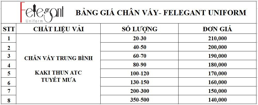 Bảng giá đồng phục chân váy tại Đồng Phục Felegant