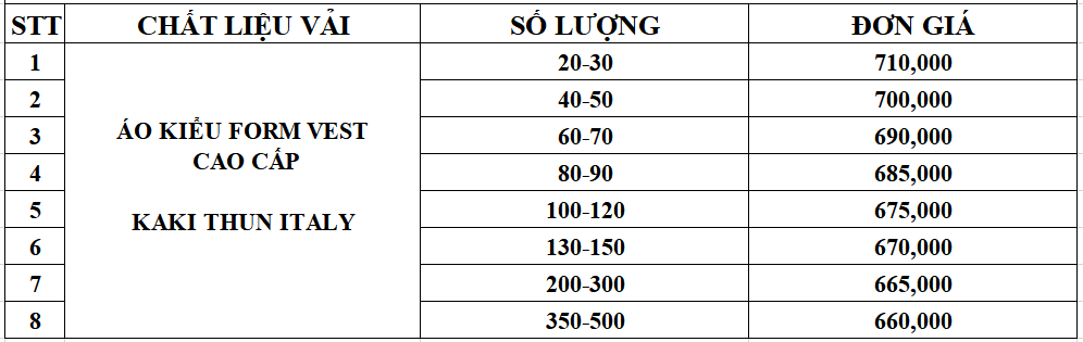 Bảng giá đồng phục áo kiểu form vest tại Đồng Phục Felegant Bảng giá đồng phục áo kiểu form vest tại Đồng Phục Felegant