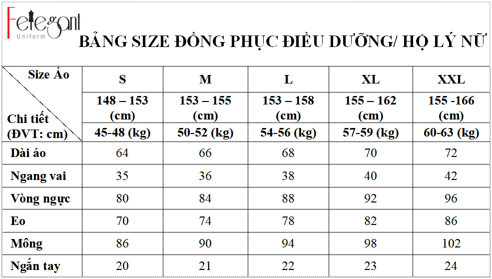 Bảng size may đồng phục áo quần điều dưỡng, hộ lý nữ tại Đồng Phục Felegant Bảng size may đồng phục áo quần điều dưỡng, hộ lý nữ tại Đồng Phục Felegant