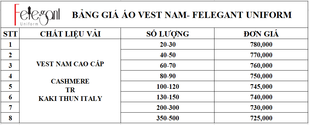 Bảng giá đồng phục áo vest nam nữ tại Đồng Phục Felegant Bảng giá đồng phục áo vest nam nữ tại Đồng Phục Felegant
