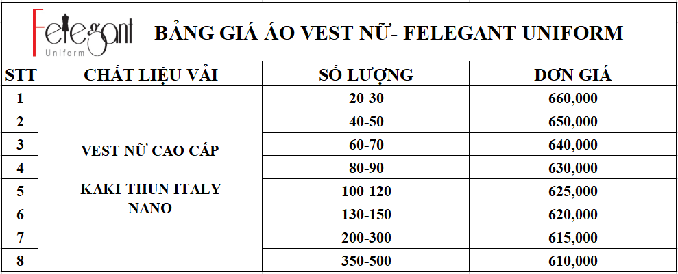 Bảng giá đồng phục áo vest nam nữ tại Đồng Phục Felegant Bảng giá đồng phục áo vest nam nữ tại Đồng Phục Felegant