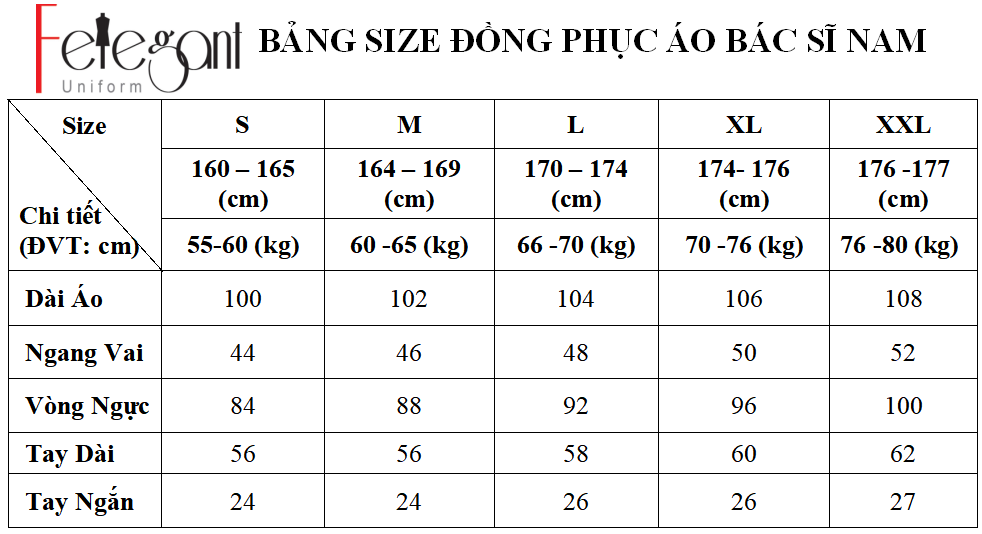 Bảng size may đồng phục áo bác sĩ nam nữ tại Đồng Phục Felegant Bảng size may đồng phục áo bác sĩ nam nữ tại Đồng Phục Felegant