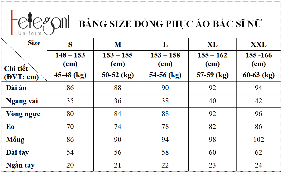 Bảng size may đồng phục áo bác sĩ nam nữ tại Đồng Phục Felegant Bảng size may đồng phục áo bác sĩ nam nữ tại Đồng Phục Felegant
