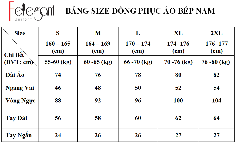 Bảng size may đồng phục áo bếp nam nữ tại Đồng Phục Felegant Bảng size may đồng phục áo bếp nam nữ tại Đồng Phục Felegant
