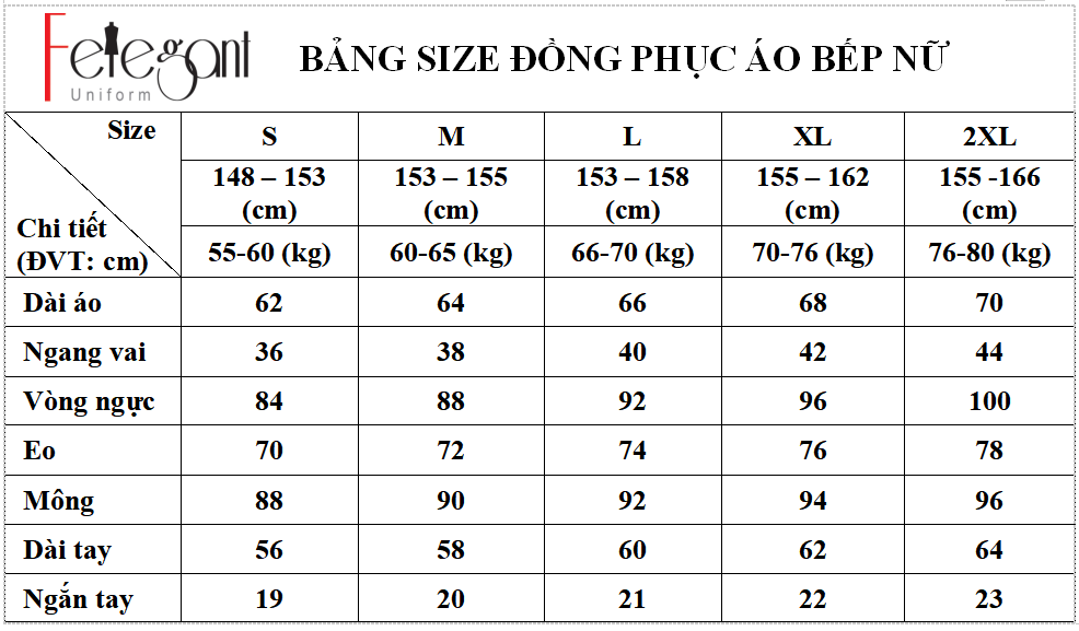 Bảng size may đồng phục áo bếp nam nữ tại Đồng Phục Felegant Bảng size may đồng phục áo bếp nam nữ tại Đồng Phục Felegant