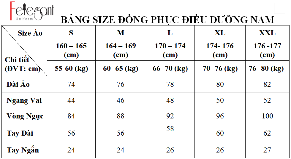 Bảng size may đồng phục áo quần điều dưỡng nam tại Đồng Phục Felegant Bảng size may đồng phục áo quần điều dưỡng nam tại Đồng Phục Felegant