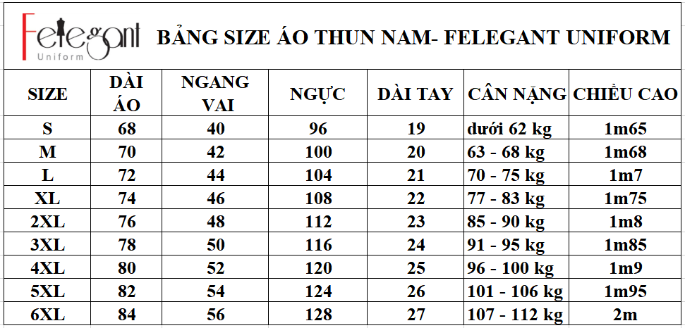 Bảng size may đồng phục áo thun tại Đồng Phục Felegant Bảng size may đồng phục áo thun tại Đồng Phục Felegant