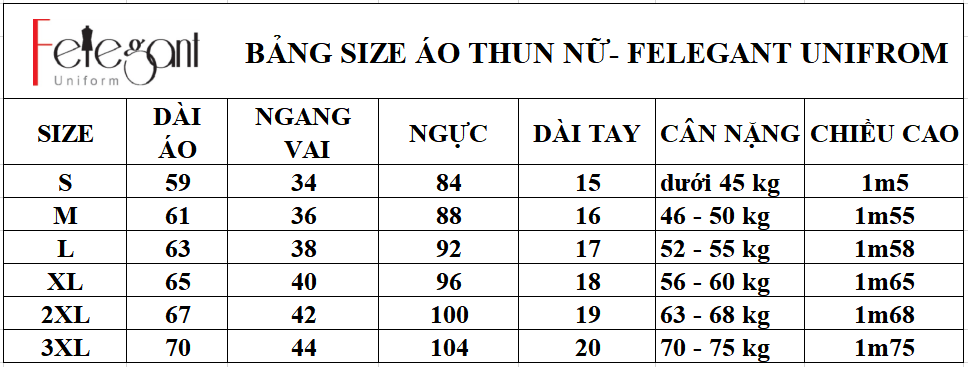 Bảng size may đồng phục áo thun tại Đồng Phục Felegant Bảng size may đồng phục áo thun tại Đồng Phục Felegant
