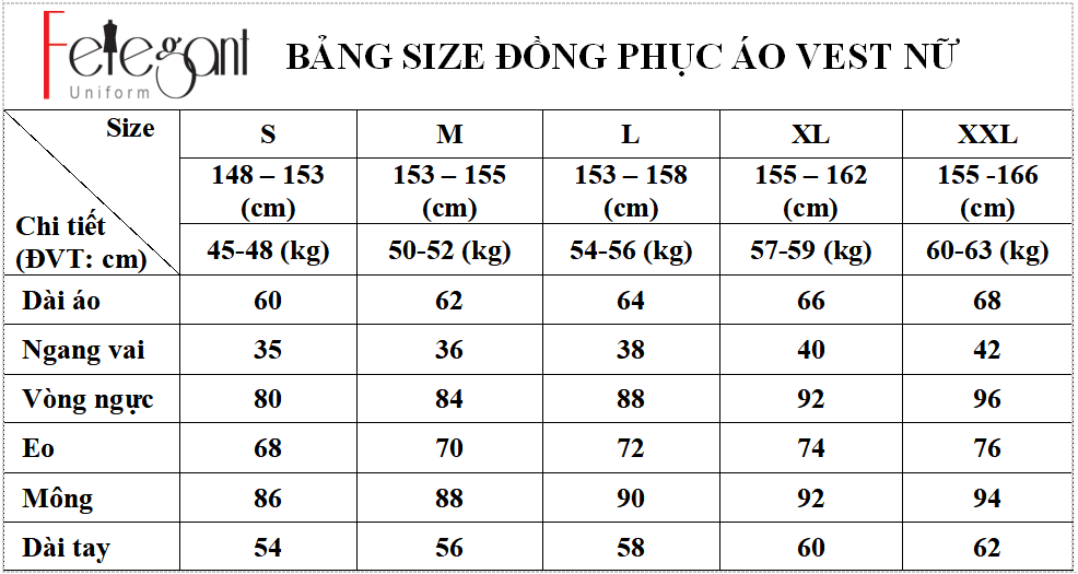 Bảng size may đồng phục áo vest nam nữ tại Đồng Phục Felegant Bảng size may đồng phục áo vest nam nữ tại Đồng Phục Felegant
