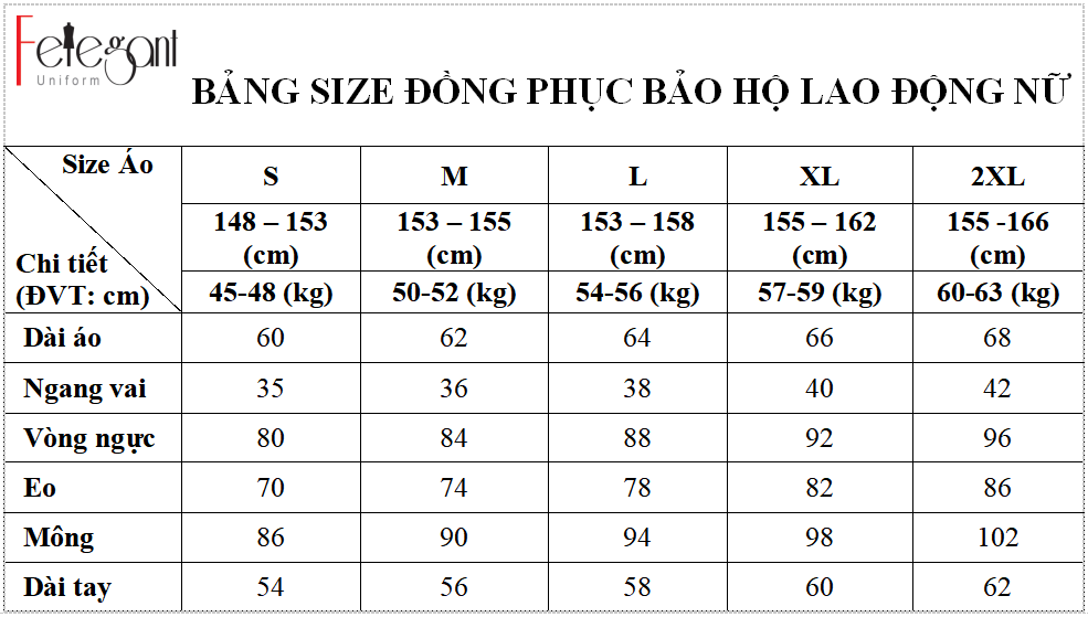 Bảng size may đồng phục áo quần bảo hộ lao động nữ tại Đồng Phục Felegant Bảng size may đồng phục áo quần bảo hộ lao động nữ tại Đồng Phục Felegant