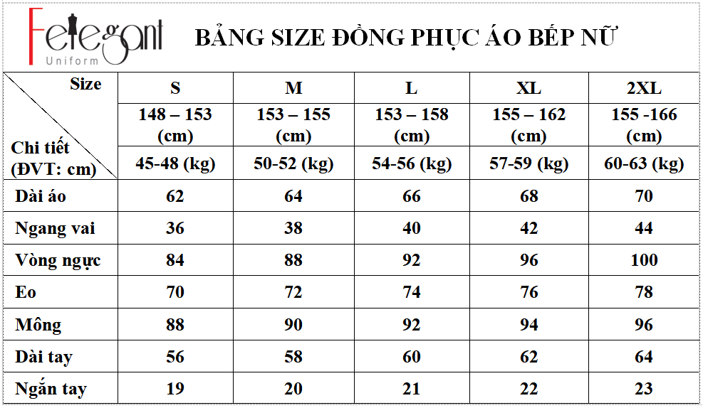 Bảng size may đồng phục áo bếp nam nữ tại Đồng Phục Felegant Bảng size may đồng phục áo bếp nam nữ tại Đồng Phục Felegant