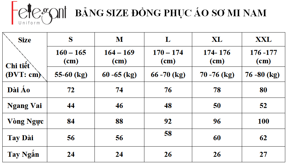 Bảng size may đồng phục áo sơ mi nam nữ tại Đồng Phục Felegant Bảng size may đồng phục áo sơ mi nam nữ tại Đồng Phục Felegant