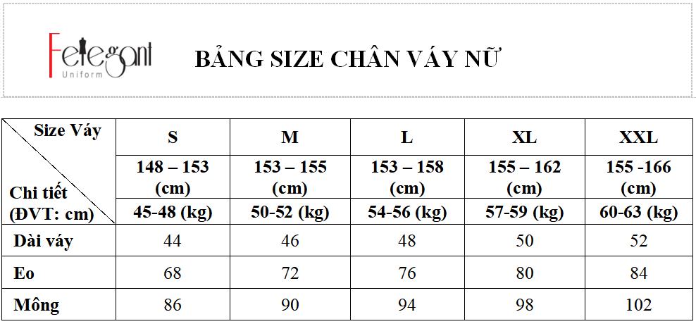 Bảng size may đồng phục chân váy nữ tại Đồng Phục Felegant Bảng size may đồng phục chân váy nữ tại Đồng Phục Felegant