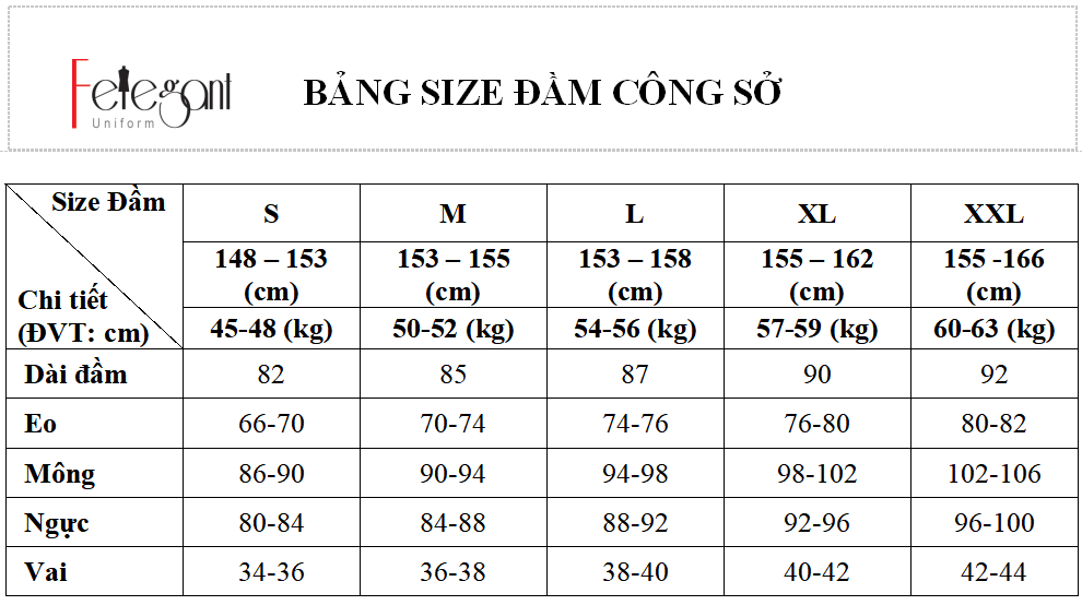 Bảng size may đồng phục đầm công sở tại Đồng Phục Felegant