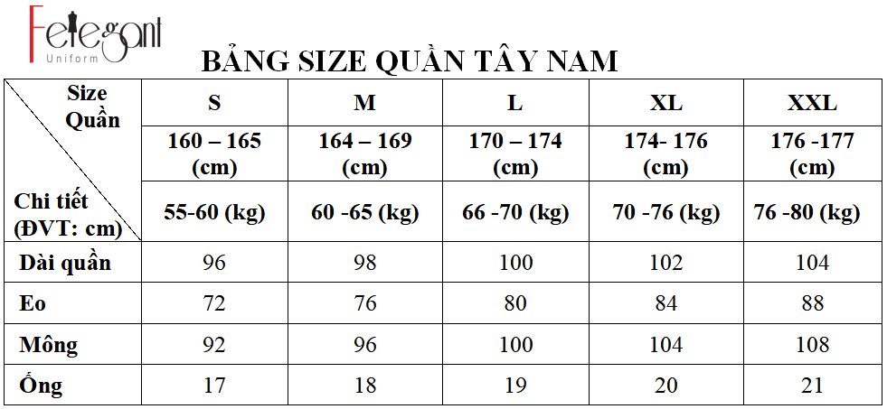 Bảng size may đồng phục quần tây nam nữ tại Đồng Phục Felegant Bảng size may đồng phục quần tây nam nữ tại Đồng Phục Felegant