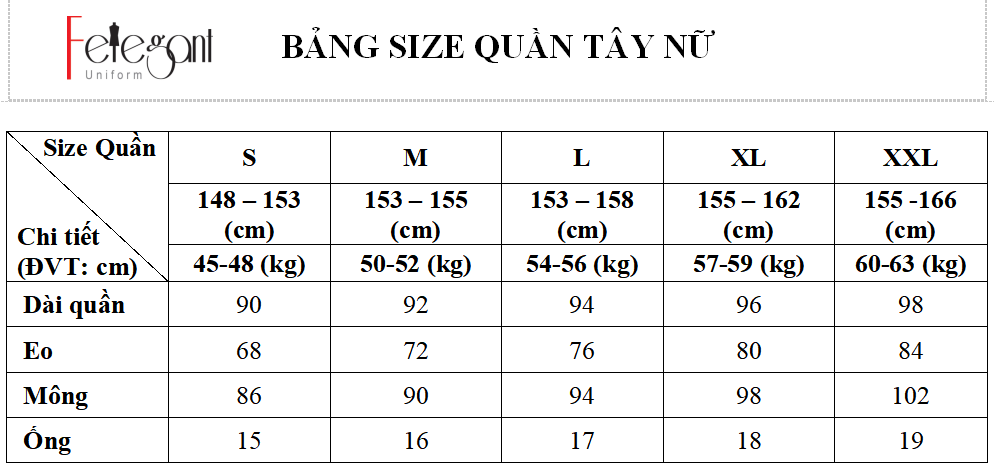 Bảng size may đồng phục quần tây nam nữ tại Đồng Phục Felegant Bảng size may đồng phục quần tây nam nữ tại Đồng Phục Felegant