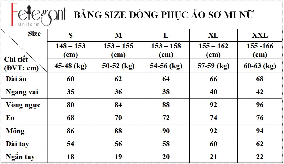Bảng size may đồng phục áo sơ mi nam nữ tại Đồng Phục Felegant Bảng size may đồng phục áo sơ mi nam nữ tại Đồng Phục Felegant
