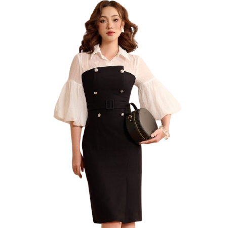 Đồng phục công sở đầm liền tay chuông màu đen phối trắng Đồng phục công sở đầm liền tay chuông màu đen phối trắng