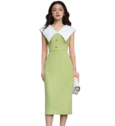 Đồng phục công sở đầm liền cổ bẻ to bản màu xanh lá Đồng phục công sở đầm liền cổ bẻ to bản màu xanh lá