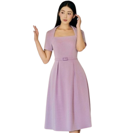 Đồng phục công sở đầm liền xòe xếp ly màu tím Đồng phục công sở đầm liền xòe xếp ly màu tím