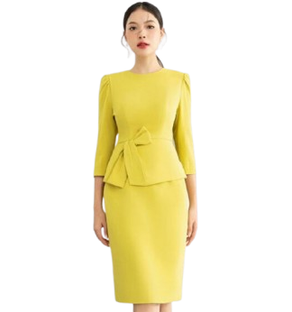 Đồng phục công sở đầm liền nơ eo màu vàng Đồng phục công sở đầm liền nơ eo màu vàng