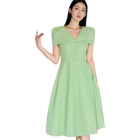 Đồng phục công sở đầm liền váy xòe màu xanh lá non Đồng phục công sở đầm liền váy xòe màu xanh lá non