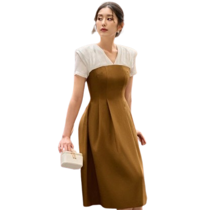 Đồng phục công sở đầm liền rã phối màu vàng Đồng phục công sở đầm liền rã phối màu vàng