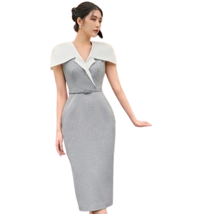 Đồng phục công sở đầm liền ve áo cách điệu màu xám phối trắng Đồng phục công sở đầm liền ve áo cách điệu màu xám phối trắng