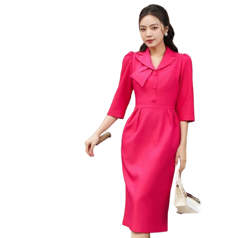 Đồng phục công sở đầm liền cổ 2 ve thất nơ màu hồng Đồng phục công sở đầm liền cổ 2 ve thất nơ màu hồng