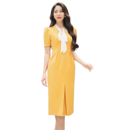 Đồng phục công sở đầm liền váy bút chì màu vàng Đồng phục công sở đầm liền váy bút chì màu vàng