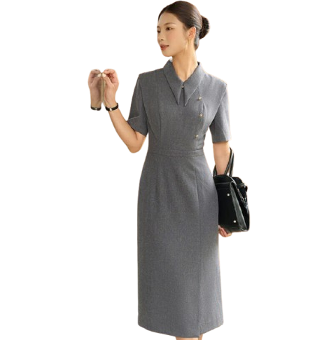 Đồng phục công sở đầm liền cổ nhọn màu xám Đồng phục công sở đầm liền cổ nhọn màu xám