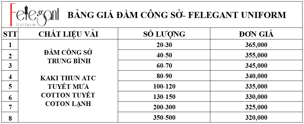 Bảng giá đồng phục đầm công sở tại Đồng Phục Felegant