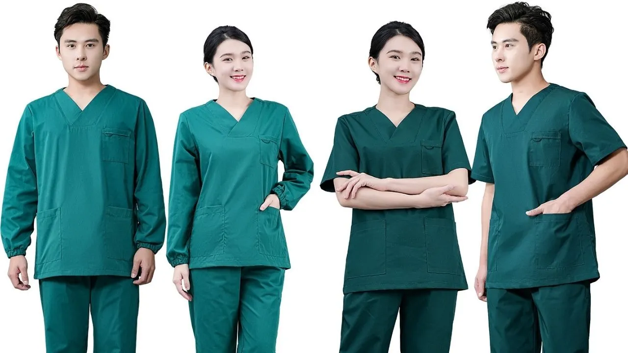 Đồng phục áo quần phòng mổ nam/ nữ màu xanh cổ vịt Đồng phục áo quần phòng mổ nam/ nữ màu xanh cổ vịt