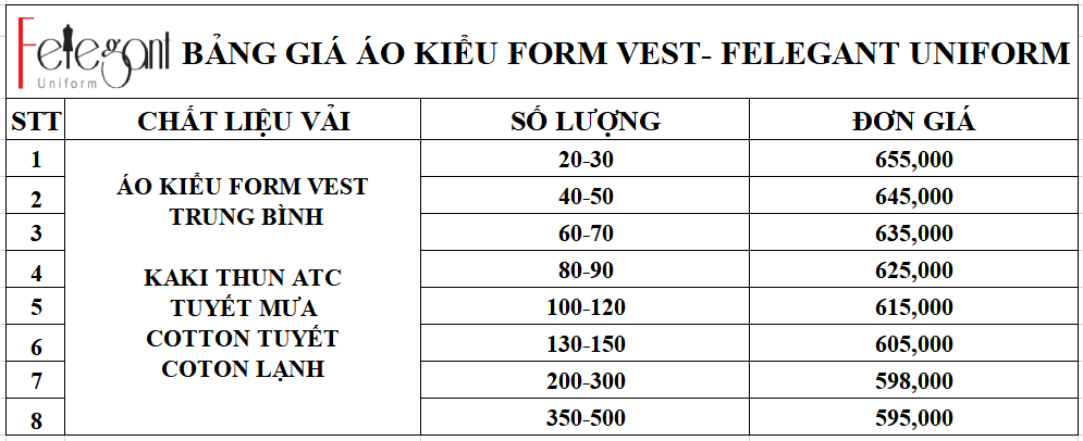 Bảng giá đồng phục áo kiểu form vest tại Đồng Phục Felegant Bảng giá đồng phục áo kiểu form vest tại Đồng Phục Felegant