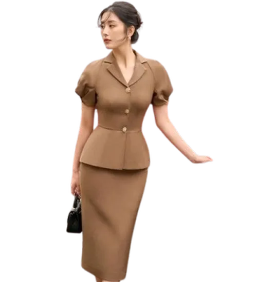 Đồng phục đầm Peplum cổ 2 ve