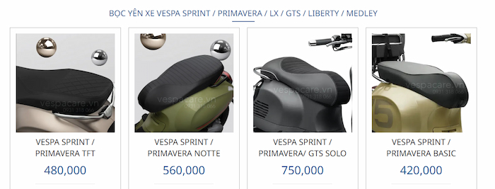 Bảng giá bọc yên xe vespa sprint, lx, primavera, gts